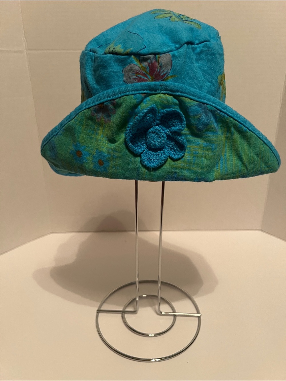 Kids Teal Floral Bucket Hat with Crochet Flower